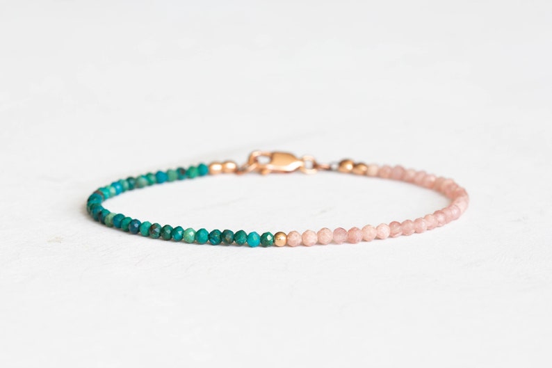 Rhodochrosite & Chrysocolla Bracelet, Delicate Pink Gemstone Beaded Jewelry, Small Micro Faceted Beads, Rose Gold Fill or Sterling Silver