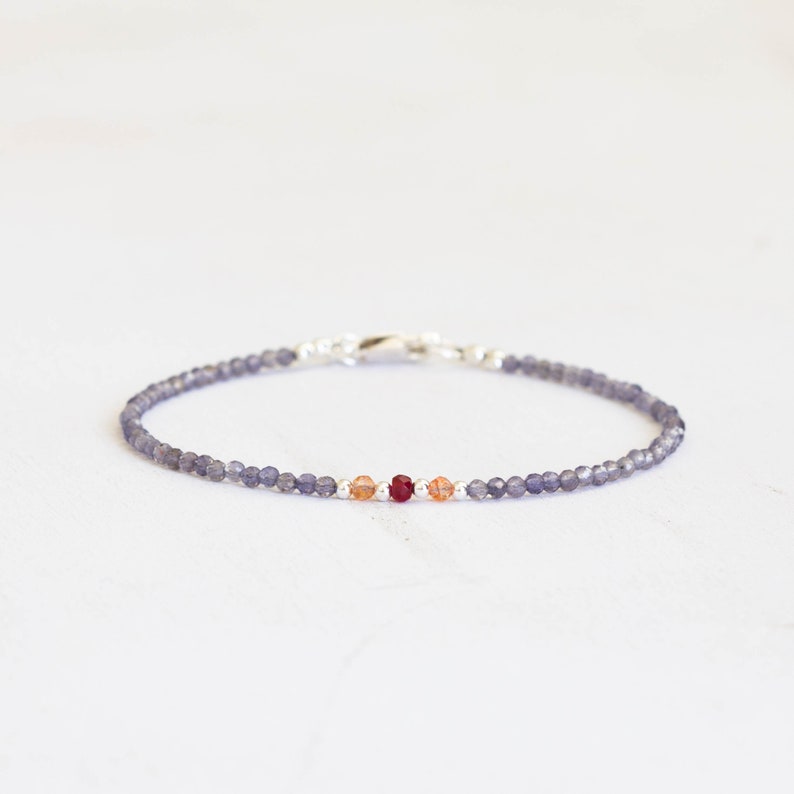 Dainty Iolite Bracelet with Sunstone and Ruby