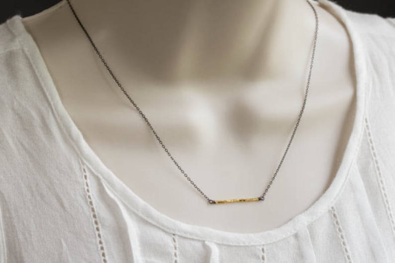 Delicate Gold Vermeil Bar Necklace on Oxidized Sterling Chain, Minimal Everyday Necklace, Mixed Metals Necklace, Simple Bar Necklace