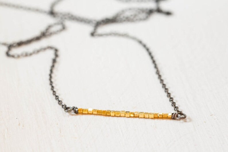 Delicate Gold Vermeil Bar Necklace on Oxidized Sterling Chain, Minimal Everyday Necklace, Mixed Metals Necklace, Simple Bar Necklace