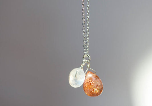 Moonstone & Sunstone Pendant on Rose Gold Filled or Sterling Silver Chain, Sunstone Necklace, Moonstone Jewelry, Oxidized Silver