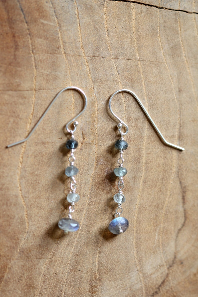 Labradorite & Moss Aquamarine Earrings, Simple Delicate Gemstone Dangle Earrings, Moss Aquamarine Jewelry, Sterling Silver, Rose Gold Filled