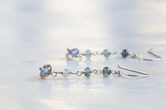 Labradorite & Moss Aquamarine Earrings, Simple Delicate Gemstone Dangle Earrings, Moss Aquamarine Jewelry, Sterling Silver, Rose Gold Filled