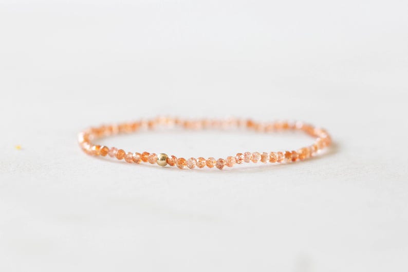 Sunstone Stretch Bracelet, Ultra Delicate Beaded Peach Orange Gemstone Jewelry, Small Faceted Beads on Stretchy Elastic