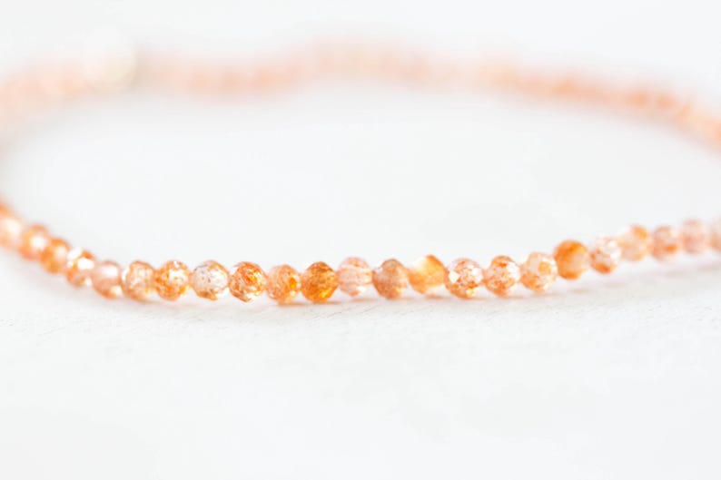 Sunstone Stretch Bracelet, Ultra Delicate Beaded Peach Orange Gemstone Jewelry, Small Faceted Beads on Stretchy Elastic