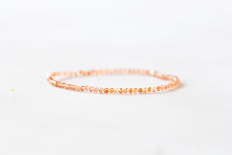 Sunstone Stretch Bracelet, Ultra Delicate Beaded Peach Orange Gemstone Jewelry, Small Faceted Beads on Stretchy Elastic