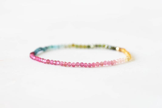 Tourmaline Stretch Bracelet, Delicate Beaded Shaded Watermelon Petro Colors, Elastic Stacking Jewelry, Rose Gold Fill or Sterling Silver