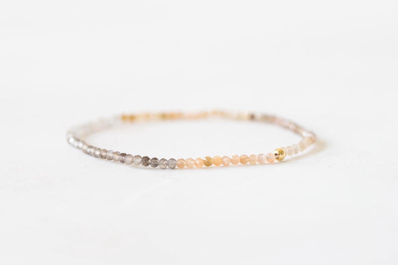 Dainty Shaded Moonstone Stretch Bracelet, Delicate Grey Brown Chocolate Gemstone Elastic Jewelry, Multi Colored Gemstone