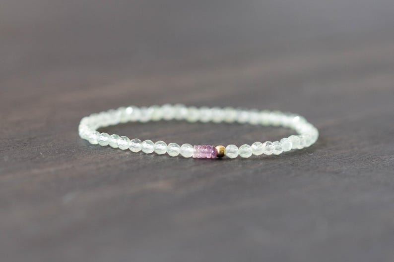 Prehnite Bracelet with Pink Sapphire, Beaded Pale Light Green Gemstone Elastic Stacking Jewelry, Delicate Stretch Faceted Small Beads