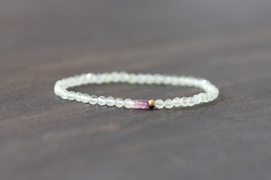 Prehnite Bracelet with Pink Sapphire, Beaded Pale Light Green Gemstone Elastic Stacking Jewelry, Delicate Stretch Faceted Small Beads