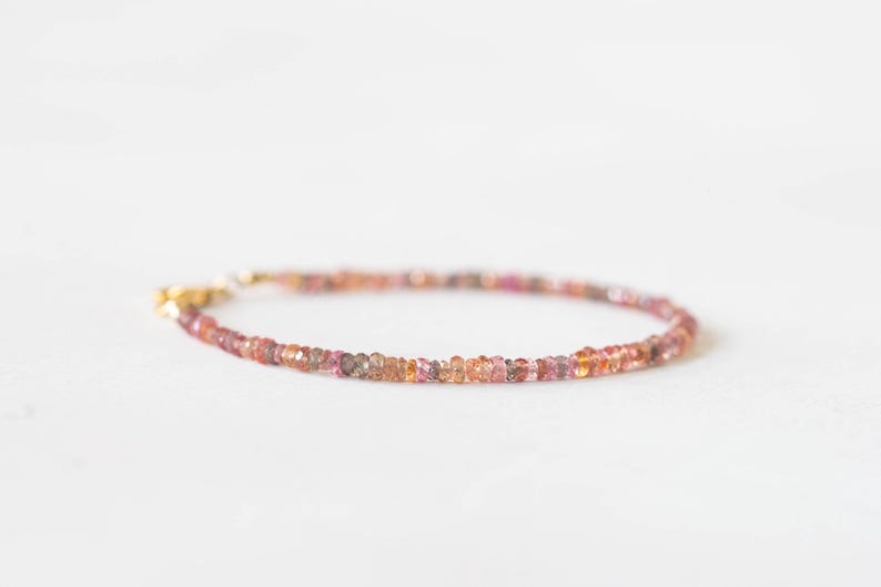 Brown and Peach Sapphire Bracelet, Dainty September Shaded Birthstone Jewelry, Sterling Silver or Rose Gold Fill