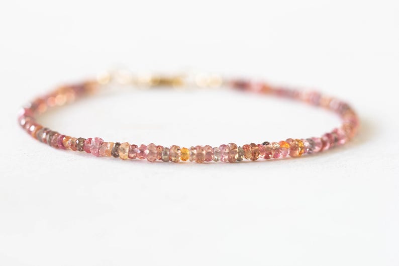 Brown and Peach Sapphire Bracelet, Dainty September Shaded Birthstone Jewelry, Sterling Silver or Rose Gold Fill
