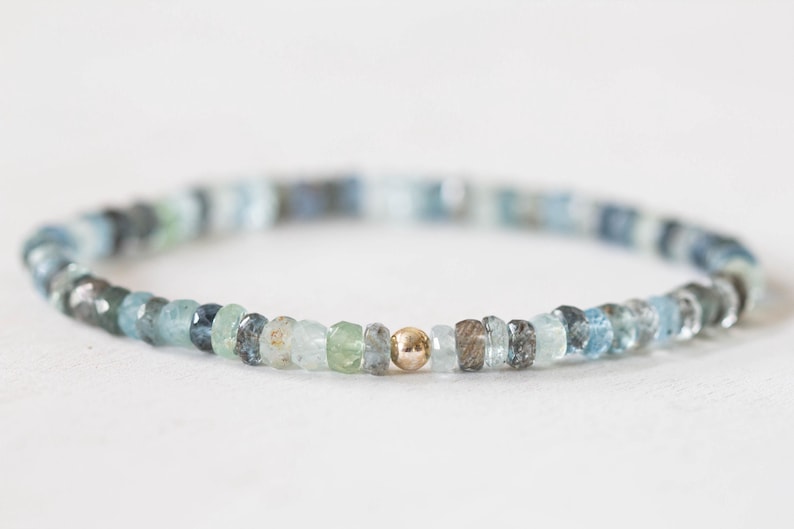 Moss Aquamarine Bracelet, Beaded Elastic Stacking Stretch Jewelry, March Birthstone, Blue Green Gemstone