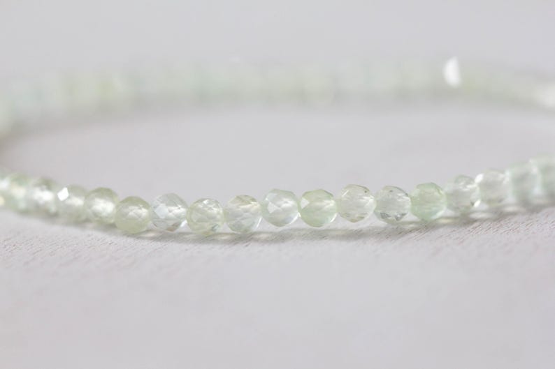 Prehnite Bracelet with Pink Sapphire, Beaded Pale Light Green Gemstone Elastic Stacking Jewelry, Delicate Stretch Faceted Small Beads