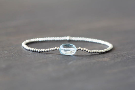 Dainty Blue Topaz Stretch Bracelet, Sterling Silver or Rose Gold Filled, Ultra Delicate Faceted Beaded Blue Gemstone Jewelry