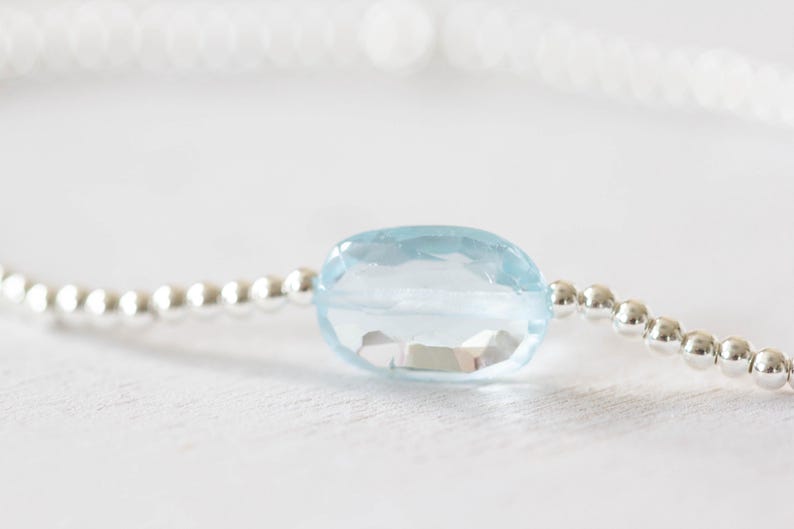 Dainty Blue Topaz Stretch Bracelet, Sterling Silver or Rose Gold Filled, Ultra Delicate Faceted Beaded Blue Gemstone Jewelry