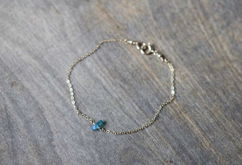 Tiny Aqua Aura Diamond Quartz Bracelet on Gold Filled or Sterling Silver Chain, Delicate Chain Bracelet, Oxidized Sterling Rose Gold Fill