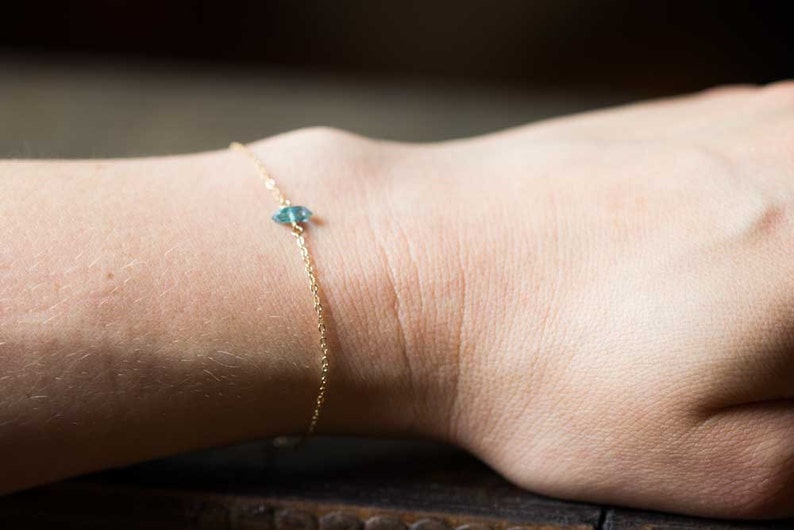 Tiny Aqua Aura Diamond Quartz Bracelet on Gold Filled or Sterling Silver Chain, Delicate Chain Bracelet, Oxidized Sterling Rose Gold Fill