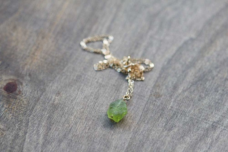 Rough Peridot Necklace on Sterling Silver or Rose Gold Filled Chain, Small Raw Peridot Pendant, Green Gemstone Jewelry, August Birthstone