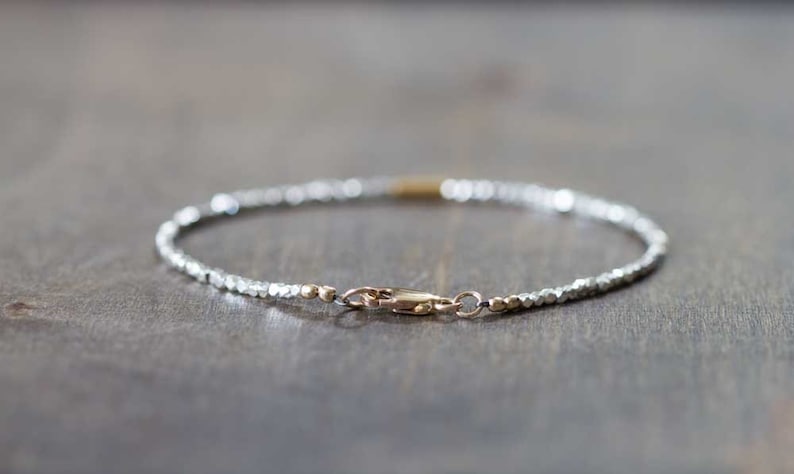 Delicate Fine Silver Bracelet with Gold Fill Tube, Skinny Sterling Silver Stacking Bracelet, Minimal Mixed Metal Jewelry, Everyday