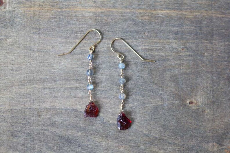 Labradorite & Rough Garnet Earrings, Multi Gemstone Dangle Earrings, Sterling Silver or Rose Gold Filled, Wire Wrapped Raw Garnet Earrings