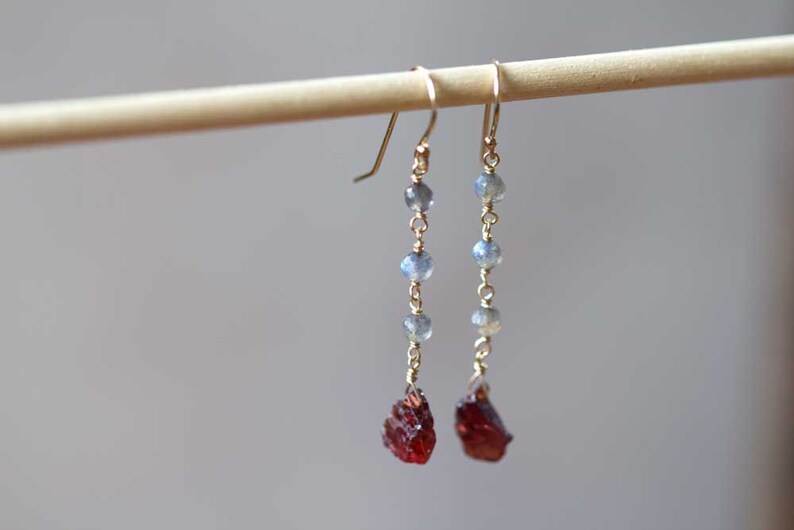 Labradorite & Rough Garnet Earrings, Multi Gemstone Dangle Earrings, Sterling Silver or Rose Gold Filled, Wire Wrapped Raw Garnet Earrings