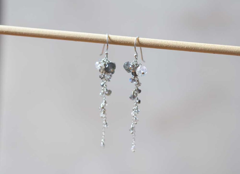 Multi Gemstone Cluster Dangle Earrings, Labradorite & Rainbow Moonstone, Delicate Sterling Silver or Gold Filled Earrings, Rose Gold Filled