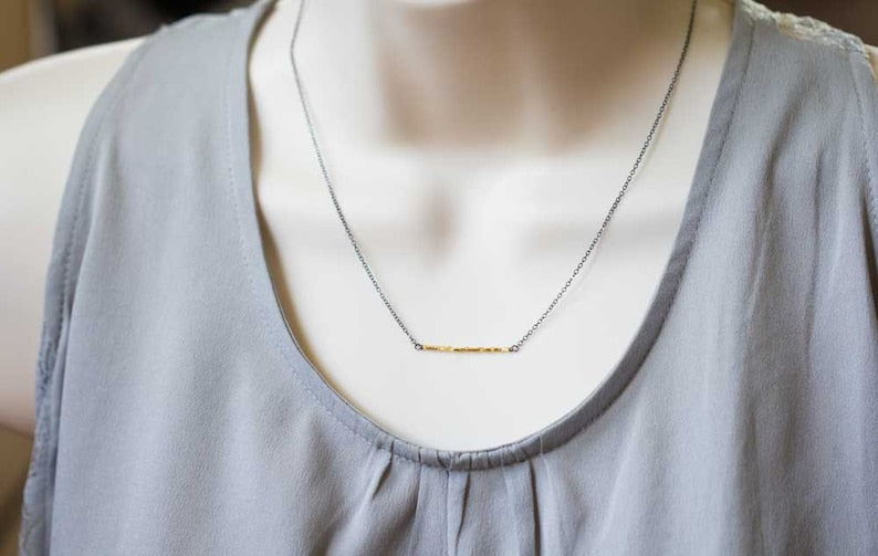 Delicate Gold Vermeil Bar Necklace on Oxidized Sterling Chain, Minimal Everyday Necklace, Mixed Metals Necklace, Simple Bar Necklace