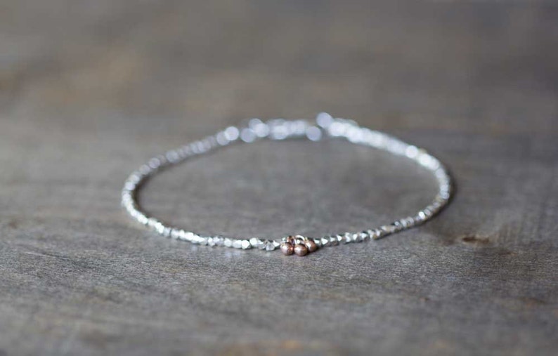 Delicate Fine Silver Bracelet with Rose Gold Vermeil, Skinny Sterling Silver Stacking Bracelet, Minimal Mixed Metal Jewelry, Everyday