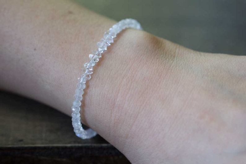 Beaded Rainbow Moonstone Bracelet with Herkimer Diamond, Delicate Moonstone Layering Bracelet, Gemstone Stackable Bracelet, Herkimer Jewelry