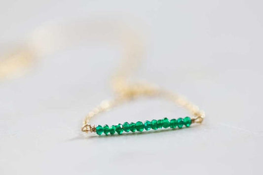 Chrome Green Tourmaline Bar Necklace on Rose Gold Filled, Oxidized Sterling or Sterling Silver Chain, Delicate Green Bar Layering Necklace