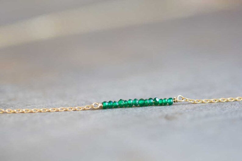 Chrome Green Tourmaline Bar Necklace on Rose Gold Filled, Oxidized Sterling or Sterling Silver Chain, Delicate Green Bar Layering Necklace
