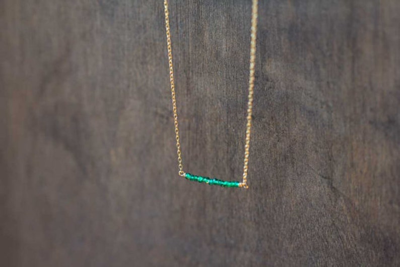 Chrome Green Tourmaline Bar Necklace on Rose Gold Filled, Oxidized Sterling or Sterling Silver Chain, Delicate Green Bar Layering Necklace