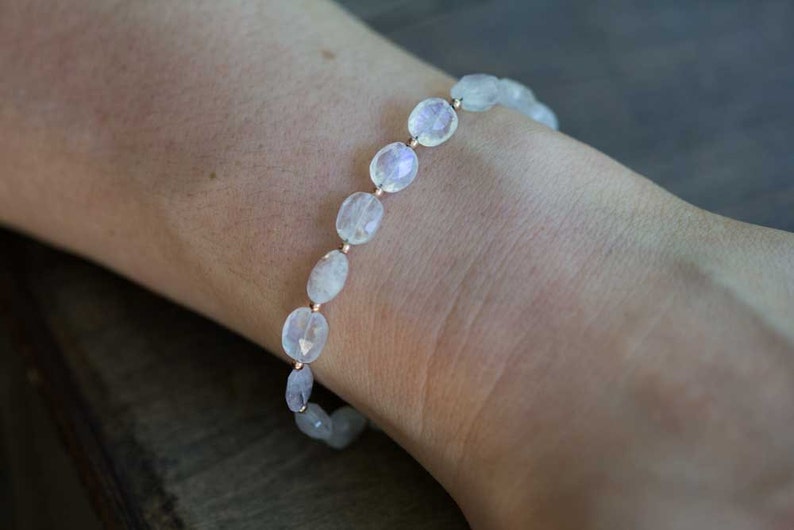 Rainbow Moonstone Bracelet with Rose Gold Filled or Sterling Silver, Beaded Rainbow Moonstone Jewelry, White Gemstone Stacking Bracelet