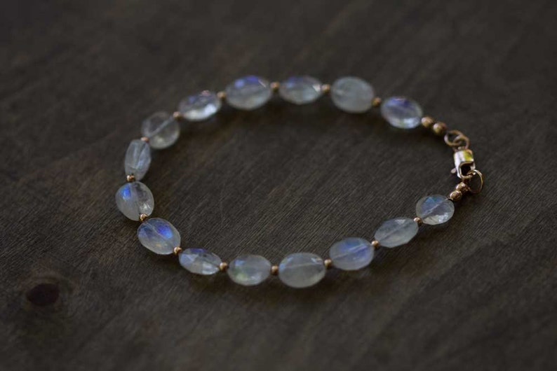 Rainbow Moonstone Bracelet with Rose Gold Filled or Sterling Silver, Beaded Rainbow Moonstone Jewelry, White Gemstone Stacking Bracelet