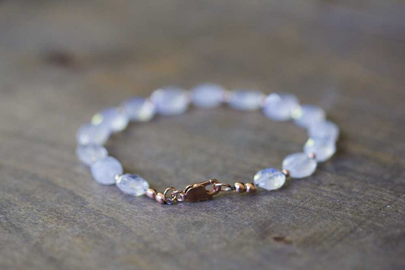 Rainbow Moonstone Bracelet with Rose Gold Filled or Sterling Silver, Beaded Rainbow Moonstone Jewelry, White Gemstone Stacking Bracelet