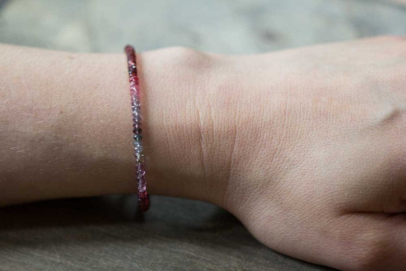 Red Garnet & Multi Colored Spinel Bracelet, Delicate Ombre Beaded Bracelet, Pink Purple Red Spinel Jewelry, Sterling Silver Rose Gold Fill