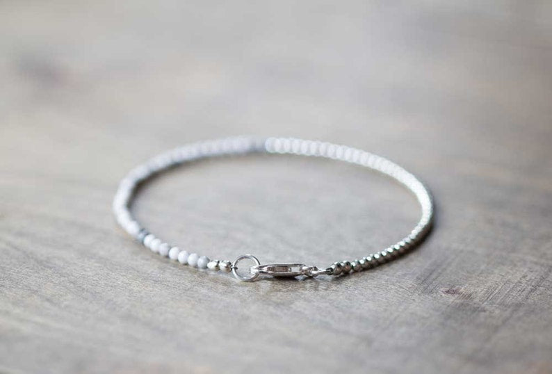 Ultra Delicate White Howlite Bracelet, Sterling Silver or Rose Gold Filled, White Gemstone Skinny Stacking Bracelet, White Howlite Jewelry