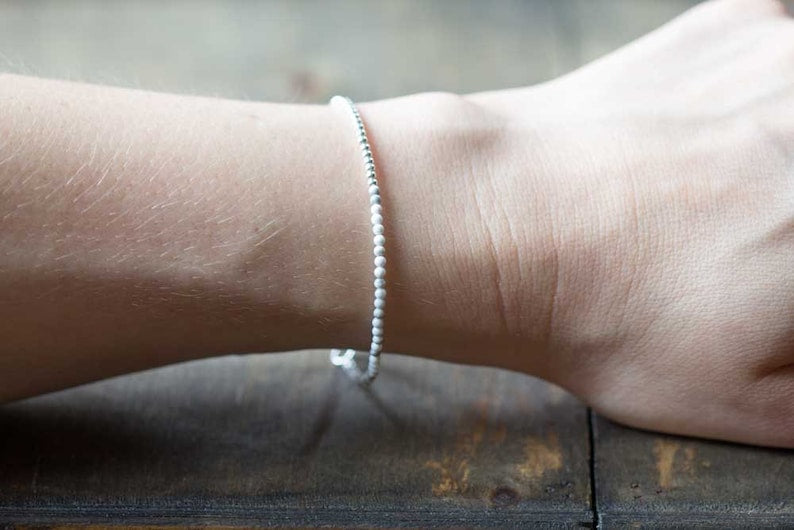 Ultra Delicate White Howlite Bracelet, Sterling Silver or Rose Gold Filled, White Gemstone Skinny Stacking Bracelet, White Howlite Jewelry