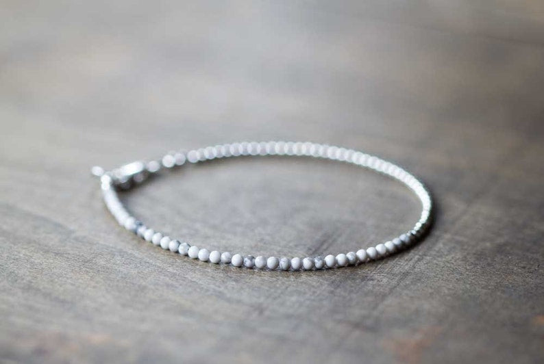 Ultra Delicate White Howlite Bracelet, Sterling Silver or Rose Gold Filled, White Gemstone Skinny Stacking Bracelet, White Howlite Jewelry