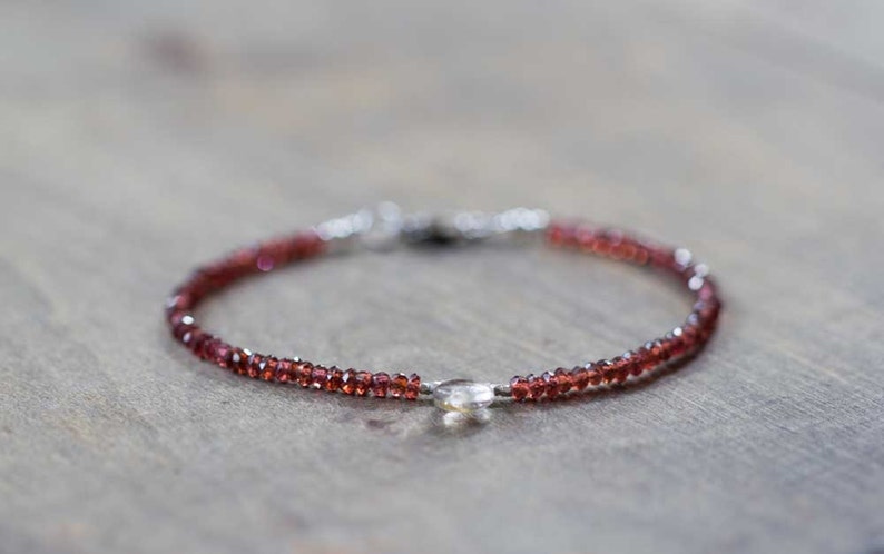 Delicate Red Garnet Bracelet with Golden Rutilated Quartz, Multi Gemstone Beaded Stacking Bracelet, Garnet Jewelry, Red Gemstone Bracelet