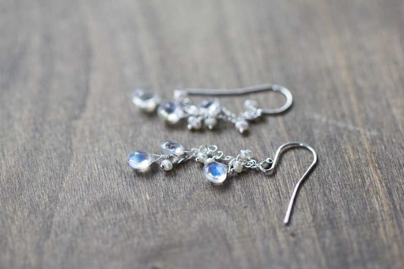 Rainbow Moonstone & Pearl Earrings, Delicate Dangle Earrings, Moonstone Jewelry, Rose Gold Filled or Sterling Silver, June Birthstone
